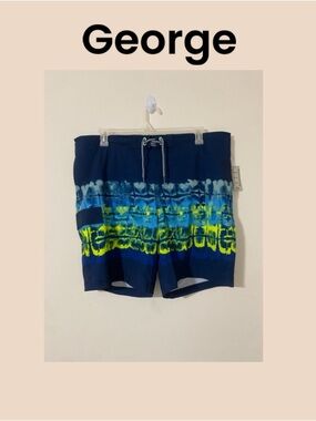 George Men’s Navy Blue Tie-Dye Swim Trunks with Lime Accents Size XL NWT